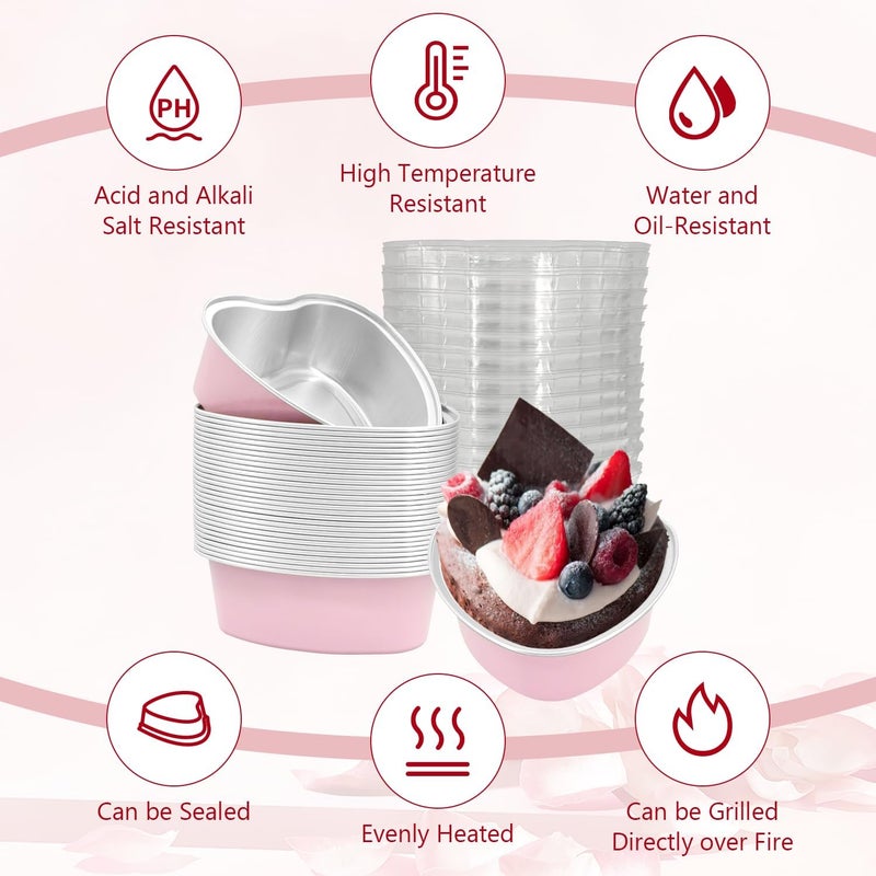 EQUNROY 30 Pcs Heart Shaped Cake Pans with Lids, Mini Pink Aluminum Foil Baking Tins 3.4 Oz, Disposable Cupcake Containers for Valentine's Day, Mother's Day, Wedding, Party - Image 4